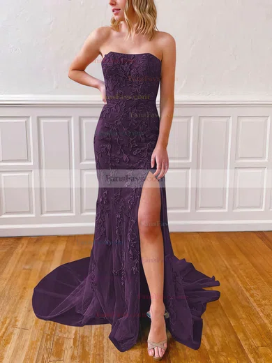 Sheath/Column Strapless Lace Tulle Sweep Train Appliques Lace Prom Dresses #Favs020106782