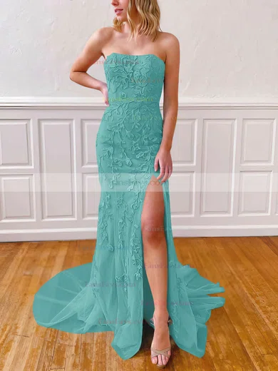 Sheath/Column Strapless Lace Tulle Sweep Train Appliques Lace Prom Dresses #Favs020106782