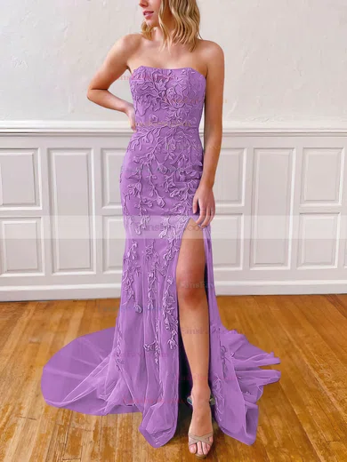 Sheath/Column Strapless Lace Tulle Sweep Train Appliques Lace Prom Dresses #Favs020106782