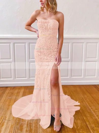 Sheath/Column Strapless Lace Tulle Sweep Train Appliques Lace Prom Dresses #Favs020106782