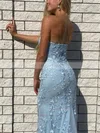 Sheath/Column Strapless Lace Tulle Sweep Train Appliques Lace Prom Dresses #Favs020106782