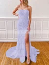 Sheath/Column Strapless Lace Tulle Sweep Train Appliques Lace Prom Dresses #Favs020106782
