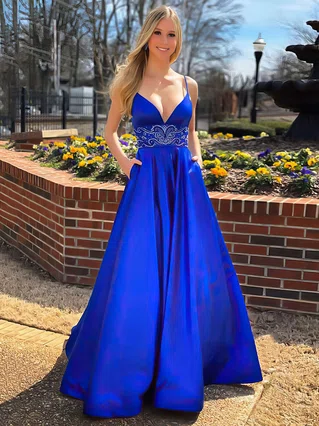 A-line V-neck Satin Sweep Train Beading Prom Dresses #Favs020106890 A-line V-neck Satin Sweep Train Beading Prom Dresses #Favs020106890