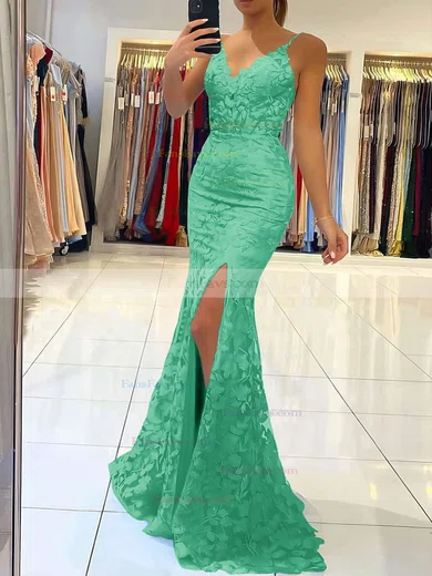 Trumpet/Mermaid V-neck Tulle Sweep Train Appliques Lace Prom Dresses #Favs020106894