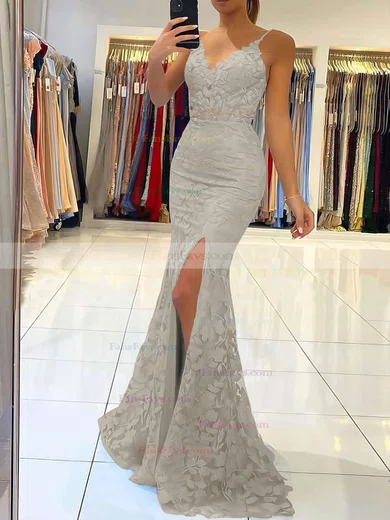 Trumpet/Mermaid V-neck Tulle Sweep Train Appliques Lace Prom Dresses #Favs020106894