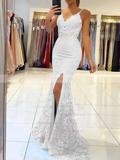 Trumpet/Mermaid V-neck Tulle Sweep Train Appliques Lace Prom Dresses #Favs020106894