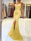 Trumpet/Mermaid V-neck Tulle Sweep Train Appliques Lace Prom Dresses #Favs020106894