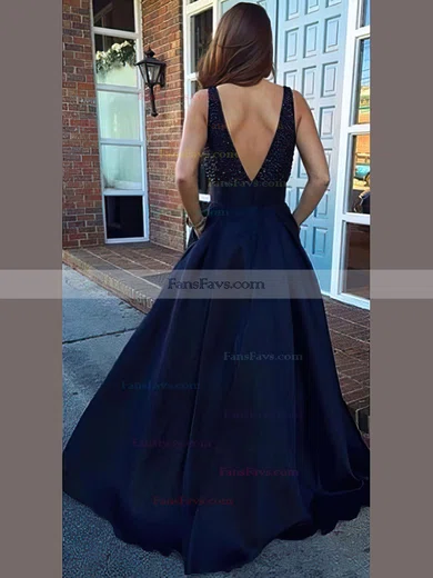 Princess Scoop Neck Satin Sweep Train Beading Prom Dresses #Favs020102999