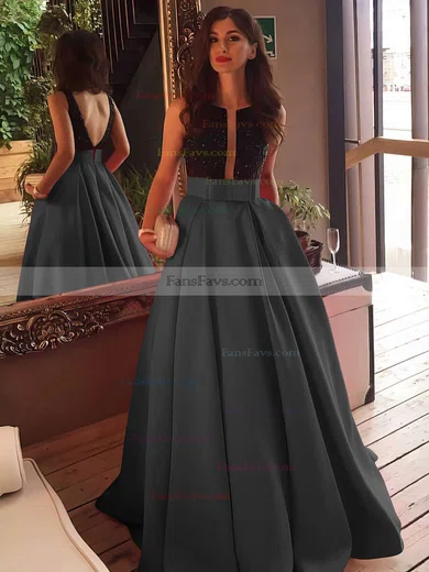 Princess Scoop Neck Satin Sweep Train Beading Prom Dresses #Favs020102999