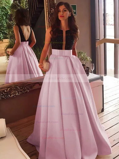 Princess Scoop Neck Satin Sweep Train Beading Prom Dresses #Favs020102999