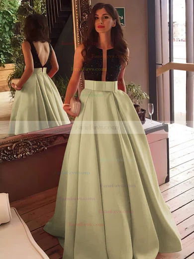 Princess Scoop Neck Satin Sweep Train Beading Prom Dresses #Favs020102999