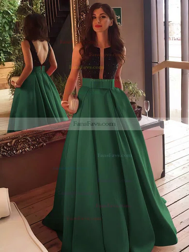 Princess Scoop Neck Satin Sweep Train Beading Prom Dresses #Favs020102999