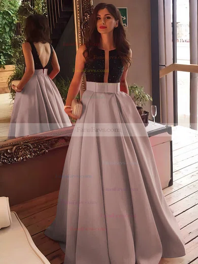 Princess Scoop Neck Satin Sweep Train Beading Prom Dresses #Favs020102999