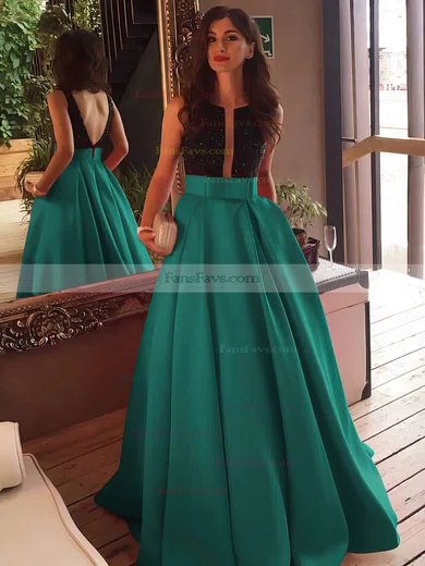 Princess Scoop Neck Satin Sweep Train Beading Prom Dresses #Favs020102999