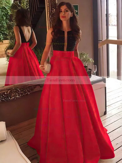 Princess Scoop Neck Satin Sweep Train Beading Prom Dresses #Favs020102999