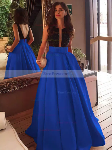 Princess Scoop Neck Satin Sweep Train Beading Prom Dresses #Favs020102999