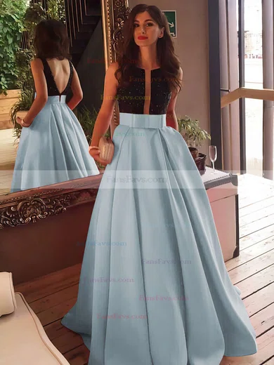 Princess Scoop Neck Satin Sweep Train Beading Prom Dresses #Favs020102999