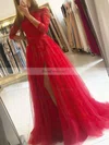 A-line Scoop Neck Tulle Sweep Train Appliques Lace Prom Dresses #Favs020106912