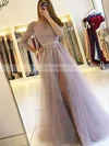 A-line Scoop Neck Tulle Sweep Train Appliques Lace Prom Dresses #Favs020106912