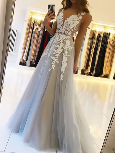 A-line V-neck Tulle Sweep Train Beading Prom Dresses #Favs020106918