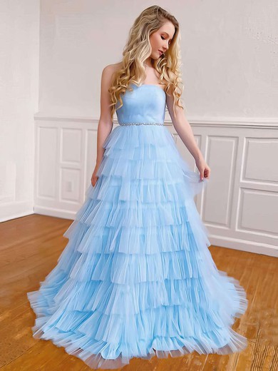 Ball Gown Strapless Tulle Sweep Train Beading Prom Dresses #Favs020106923