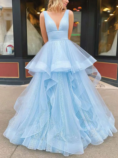 Ball Gown V-neck Tulle Floor-length Tiered Prom Dresses #Favs020106925