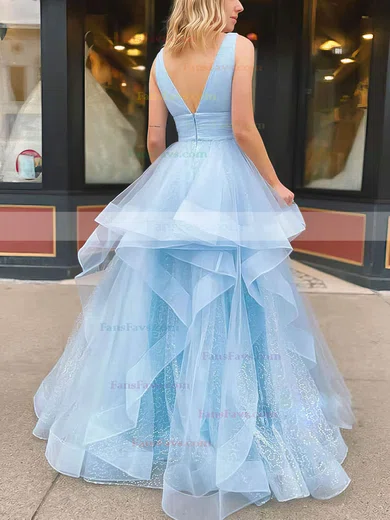 Ball Gown V-neck Tulle Floor-length Tiered Prom Dresses #Favs020106925