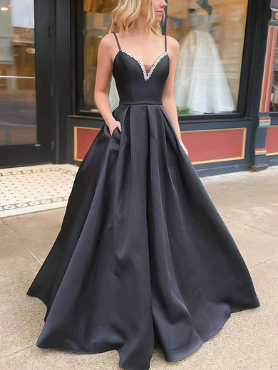 Ball Gown V-neck Satin Sweep Train Beading Prom Dresses #Favs020106926