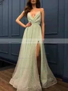 A-line V-neck Shimmer Crepe Sweep Train Ruffles Prom Dresses #Favs020106928
