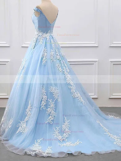 Ball Gown Off-the-shoulder Tulle Sweep Train Appliques Lace Prom Dresses #Favs020106469
