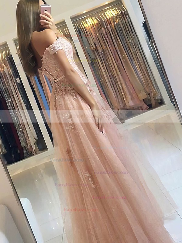 A-line Off-the-shoulder Tulle Floor-length Appliques Lace Prom Dresses #Favs020106470