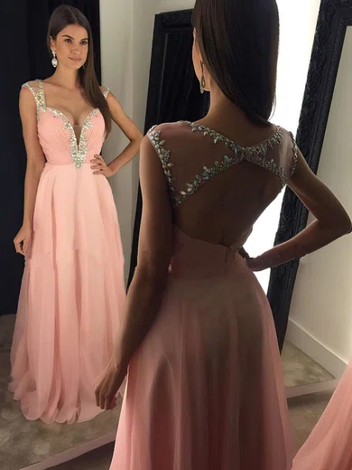 A-line V-neck Chiffon Floor-length Beading Prom Dresses #Favs020103021