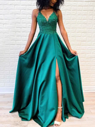 A-line V-neck Satin Sweep Train Beading Prom Dresses #Favs020106654 A-line V-neck Satin Sweep Train Beading Prom Dresses #Favs020106654