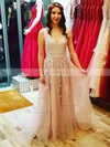 A-line V-neck Tulle Sweep Train Beading Prom Dresses #Favs020106659