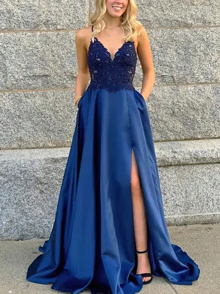 A-line V-neck Satin Sweep Train Beading Prom Dresses #Favs020106681