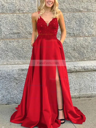 A-line V-neck Satin Sweep Train Beading Prom Dresses #Favs020106681