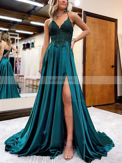 A-line V-neck Satin Sweep Train Beading Prom Dresses #Favs020106681