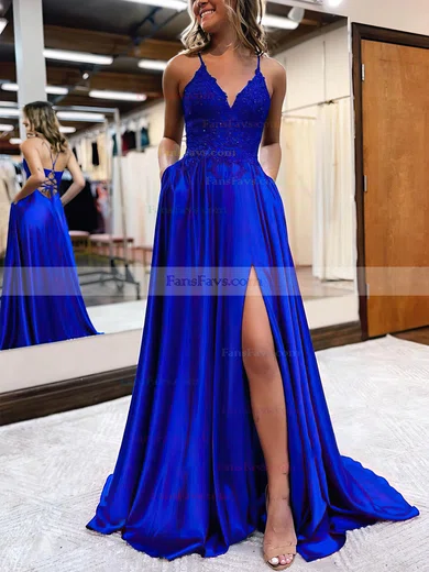A-line V-neck Satin Sweep Train Beading Prom Dresses #Favs020106681