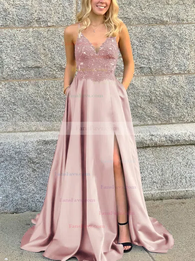 A-line V-neck Satin Sweep Train Beading Prom Dresses #Favs020106681