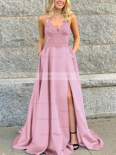 A-line V-neck Satin Sweep Train Beading Prom Dresses #Favs020106681