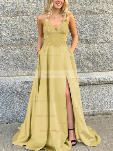 A-line V-neck Satin Sweep Train Beading Prom Dresses #Favs020106681