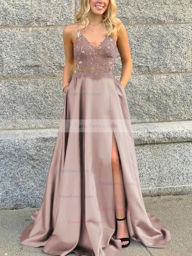 A-line V-neck Satin Sweep Train Beading Prom Dresses #Favs020106681