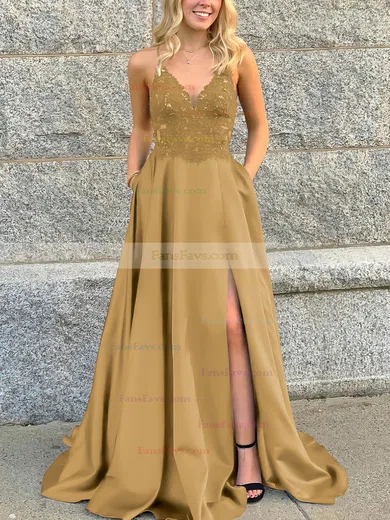 A-line V-neck Satin Sweep Train Beading Prom Dresses #Favs020106681