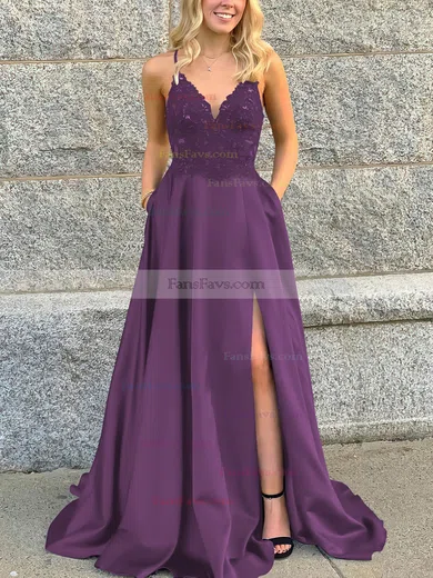 A-line V-neck Satin Sweep Train Beading Prom Dresses #Favs020106681