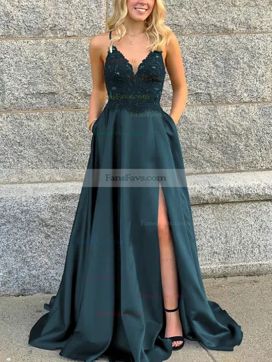 A-line V-neck Satin Sweep Train Beading Prom Dresses #Favs020106681
