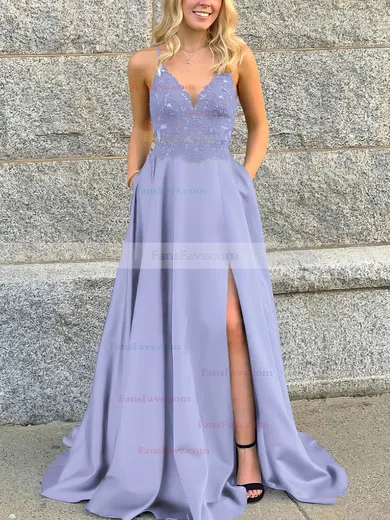 A-line V-neck Satin Sweep Train Beading Prom Dresses #Favs020106681