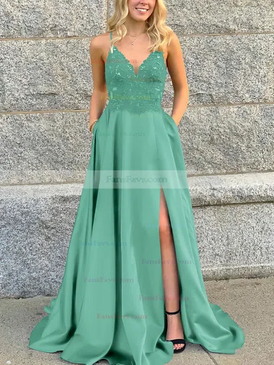 A-line V-neck Satin Sweep Train Beading Prom Dresses #Favs020106681