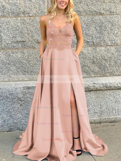 A-line V-neck Satin Sweep Train Beading Prom Dresses #Favs020106681