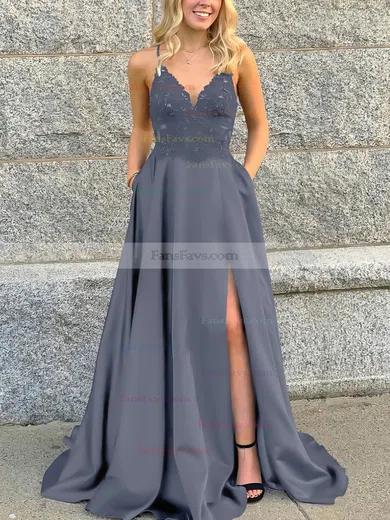 A-line V-neck Satin Sweep Train Beading Prom Dresses #Favs020106681