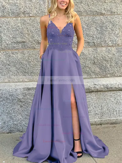 A-line V-neck Satin Sweep Train Beading Prom Dresses #Favs020106681